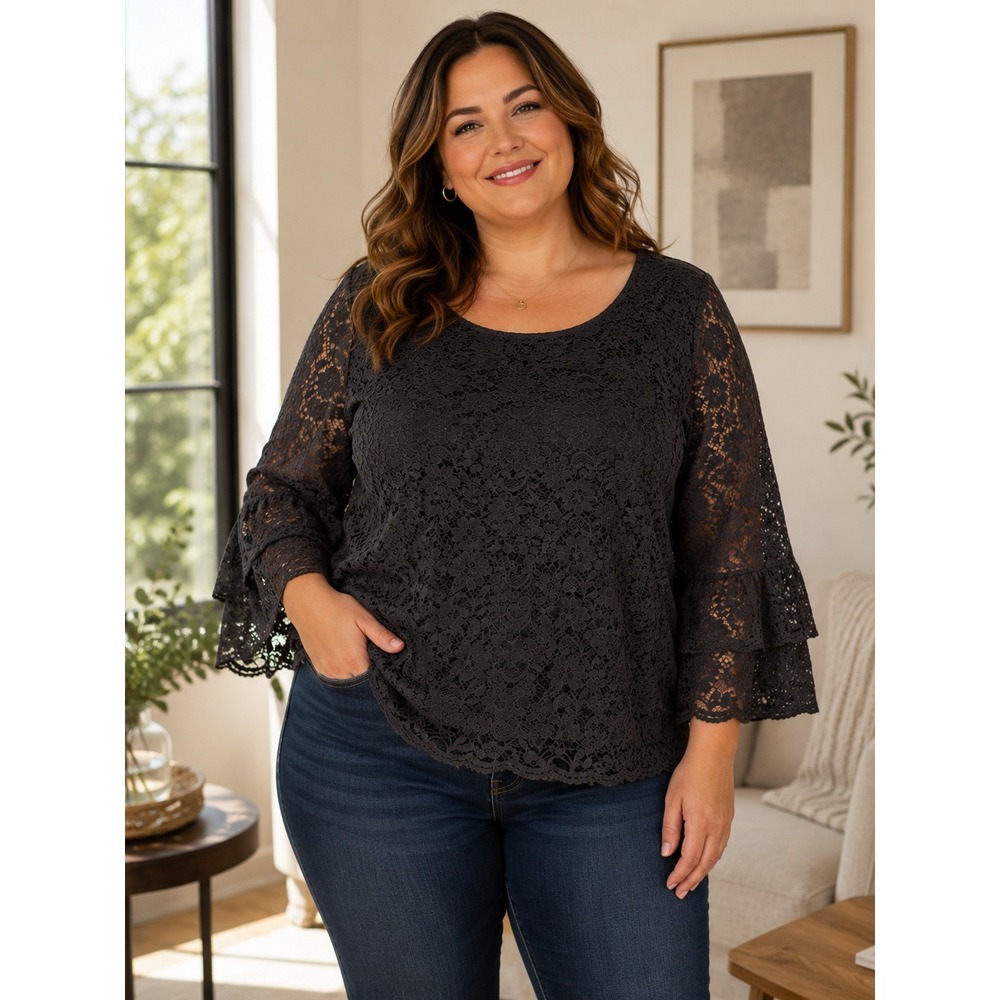 Liz Claiborne Career Woman Black Floral Lace Tiered Bell Sleeve Blouse 2X